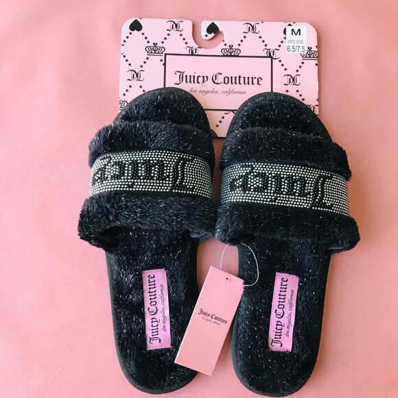 Juicy Couture JC GRAVITY 2  Faux Fur Slippers Black / Silver  Size : M - Picture 1 of 4